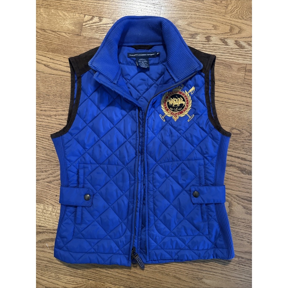 Ralph Lauren Sport Vest Women Medium Blue Crest Quilted Insulated Full Zip LOGO